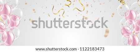 Set of pink, white transparent with confetti helium balloon isolated in the air.for birthday, anniversary, celebration, event design. Vector illustration. Royalty-Free Stock Photo #1122183473