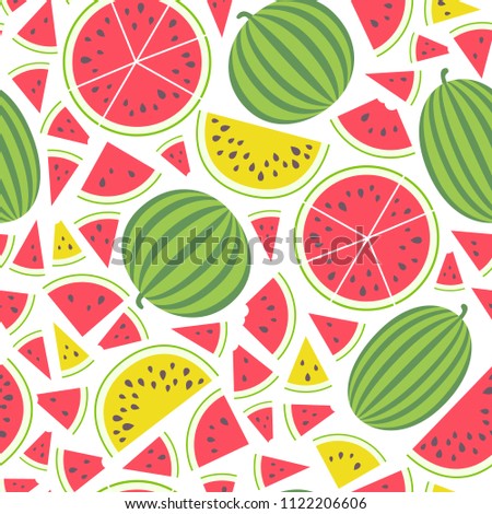 Vector illustration: seamless pattern with red and yellow flat cone, semicircle and circle pieces and entire watermelons icons with black seeds and green striped peel isolated on white background.