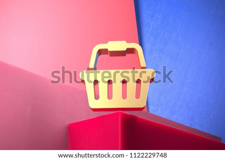 Golden Shopping Basket Icon on the Blue and Pink Geometric Background. 3D Illustration of Gold Basket, Buy, Buying, Groceries, Shopping Icon Set With Color Boxes on Pink Background.