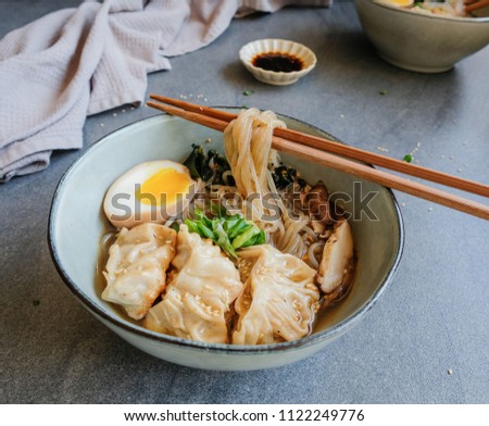 Homemade Japanese cuisine / Spicy Ginger Miso Shirataki Soup Noodles with Ajitsuke Tamago, Gyoza, Shitake Mushrooms & Wakame / Healthy and delicious, ideal for weight watcher and light eater