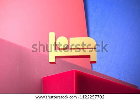 Golden Hotel Icon on the Blue and Pink Geometric Background. 3D Illustration of Gold Bnb, Hostel, Hotel, Location, Map, Pin, Pointer Icon Set With Color Boxes on Pink Background.