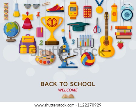 Back to school background with 3d paper cut signs. Vector illustration.