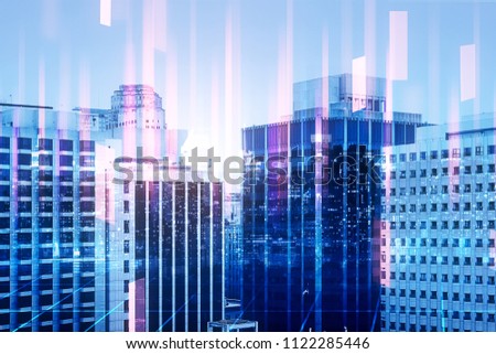 Creative light city sky background with forex chart and daylight. Finance and stock concept. Double exposure 