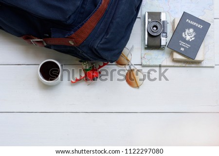 Travel Planner & Equipment Top view -Stock image Camera, Vintage, Glasses, Backpack, Coffee Mug, Drinks - Coffee, Books, Airplane