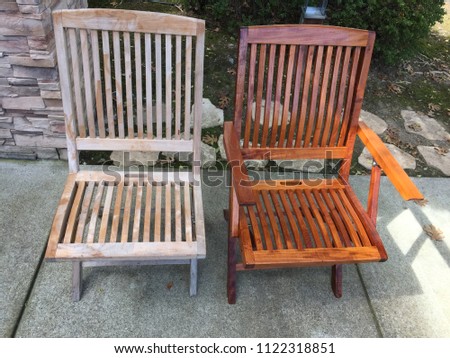 Before and after teak oil of chairs Royalty-Free Stock Photo #1122318851