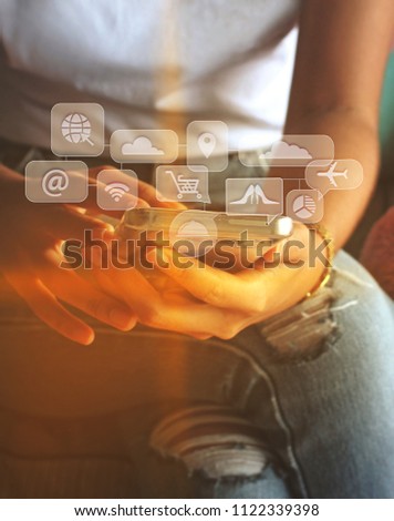 Women who use mobile payments, online shopping and customer network connection icons on the m-bank screen and omni channel concept.