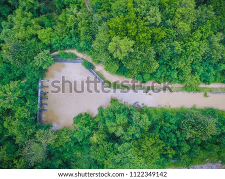 Aerial view of river and tree forest, Thailand