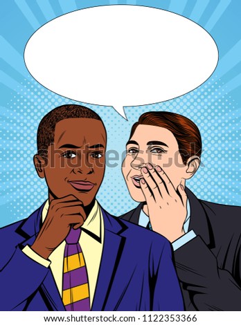 Vector colorful pop art comic style illustration of one businessman telling a secret information to his colleague. Portrait of two young handsome guys in suit who having a dialog