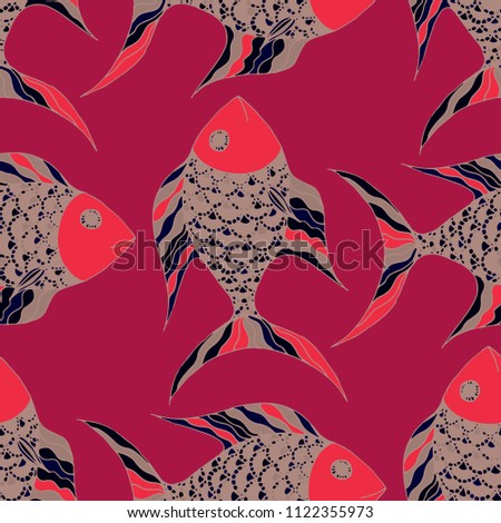 Fish. Seamless Pattern with Colorful Fish Hand Drawn in Comic Style. Sea Pattern for Paper, Fabric, Print. Bright Simple Texture in Trendy Colors. Vector Illustration.