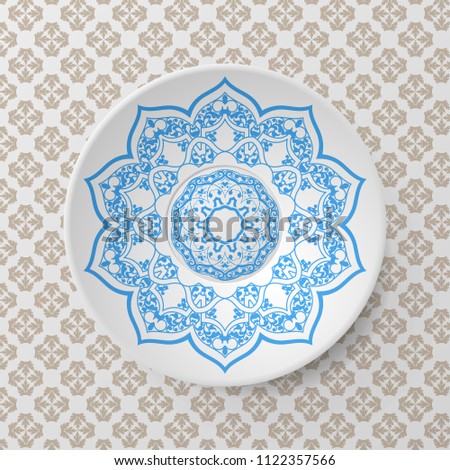 Decorative plate with round ornament in ethnic style. Mandala circular abstract floral lace pattern. Fashion background with ornate dish. Interior decor, vector illustration