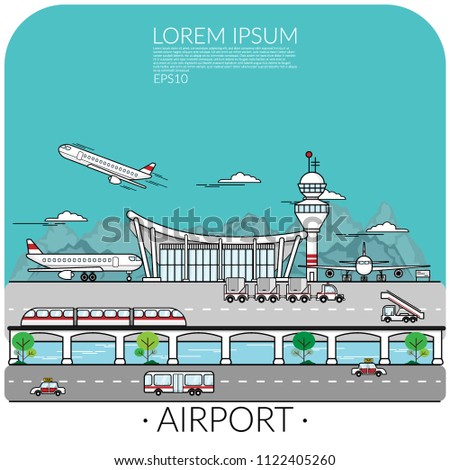 vector of busy airport with airplane take off , landing and parking include transportation around the airport. traveling by air concept Royalty-Free Stock Photo #1122405260