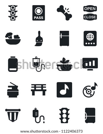 Set of vector isolated black icon - passport vector, pennant, statistic monitor, bench, dropper, broken bone, traffic light, low battery, themes, music, copier, salad, open close, fridge