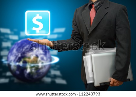 Money icon on the hand : Elements of this image furnished by NASA