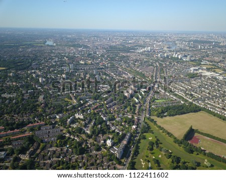 Aerial drone image of Wimbledon, South London England on a bright sunny day.