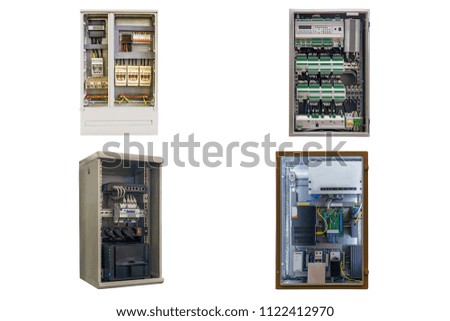 four different electrical control cabinet isolated on white background Royalty-Free Stock Photo #1122412970