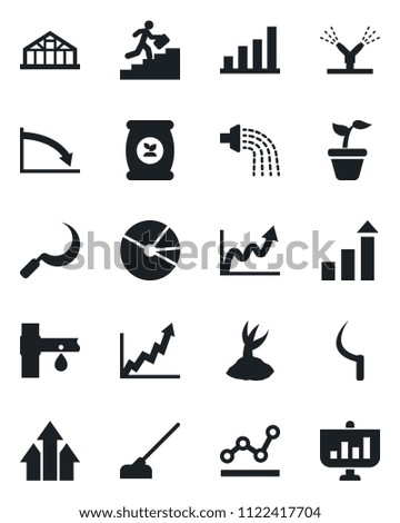 Set of vector isolated black icon - growth statistic vector, seedling, watering, sproute, hoe, sickle, greenhouse, fertilizer, drip irrigation, bar graph, pie, point, career ladder, arrow up, crisis