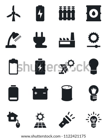 Set of vector isolated black icon - bulb vector, oil barrel, battery, low, torch, brightness, charge, desk lamp, factory, home control, power plug, radiator, sun panel, windmill, idea