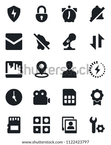 Set of vector isolated black icon - microphone vector, protect, user, clock, alarm, mail, scanner, sd, sim, data exchange, mute, place tag, lock, video, photo gallery, charge, application