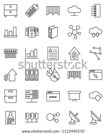 thin line vector icon set - archive vector, personal information, graph, dollar growth, binder, presentation board, barcode, music hit, social media, network, server, cloud, shield, exchange, hub