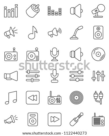thin line vector icon set - music vector, disk, microphone, radio, speaker, loudspeaker, settings, equalizer, forward button, backward, rca, jack