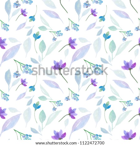 wedding watercolor hand-drawn, seamless pattern with flowers and roses, flower blades