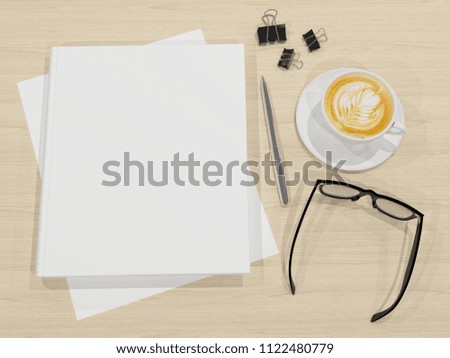 3D rendering of top view book blank and pencil glasses Coffee cup plant on wood desk illustration