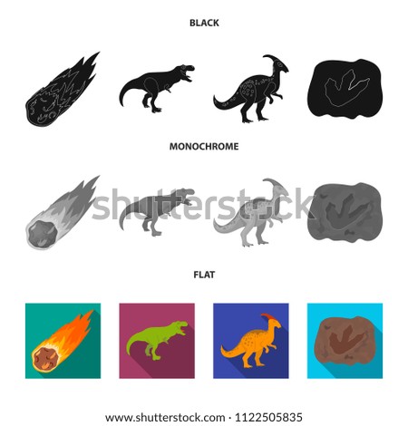 A falling meteorite,parasaurolophus, tyrannosaurus, an imprint of a dinosaur foot. The dinosaur and prehistoric period set collection icons in black, flat, monochrome style vector symbol stock