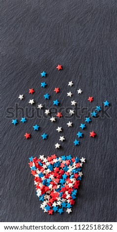 Abstract plant in pot stars shape of confetti. Textural slate background. Vertical Web banner. Top view. Copy space.