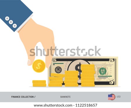 Hand putting coins to coin stack with 5 US Dollar Banknote. Flat style vector illustration. Growing graph. Finance concept.