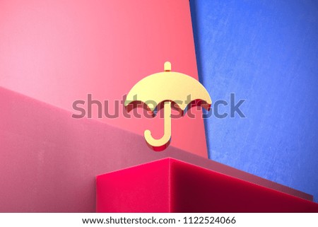 Golden Umbrella Icon on the Blue and Pink Geometric Background. 3D Illustration of Gold Bills, Insurance, Pay, Protection, Rain Icon Set With Color Boxes on Pink Background.