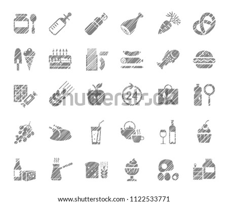 Food and drinks, production and sale. Gray, shaded icons on a white field. Simulation of shading. Vector clip art. 