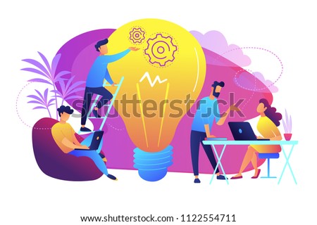 People working in friendly open space workplace. Coworking, freelance, teamwork, communication, interaction, idea, independent activity concept, violet palette. Vector illustration on white background Royalty-Free Stock Photo #1122554711