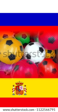 Flags of RUSSIA and SPAIN with colorful soccer balls