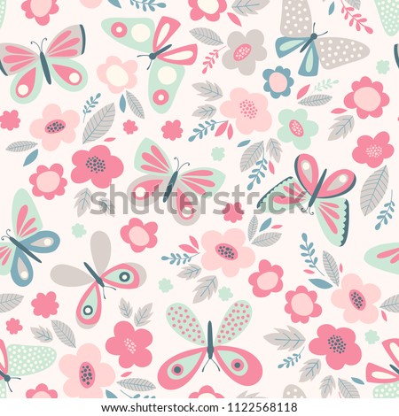 Vector seamless pattern with butterflies and flowers. Floral cute spring background. Retro vintage pastel colors.