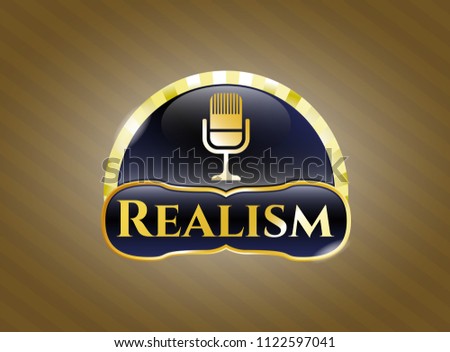  Gold shiny emblem with microphone icon and Realism text inside