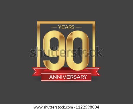 90 years anniversary design logotype golden color with square and red ribbon for celebration event isolated on black background