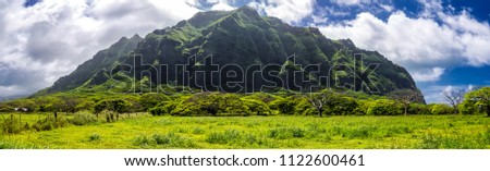 Kualoa mountain range panoramic view, famous filming location on Oahu island, Hawaii