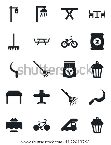 Set of vector isolated black icon - cafe vector, ladder car, rake, sickle, garden light, picnic table, fertilizer, bike, restaurant, outdoor lamp