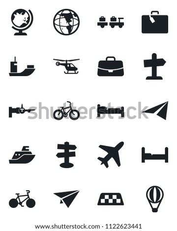Set of vector isolated black icon - plane vector, taxi, suitcase, globe, bed, baggage larry, boarding, helicopter, case, bike, signpost, sea shipping, bedroom, earth, paper, guidepost, air balloon