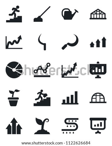 Set of vector isolated black icon - seedling vector, watering can, sproute, hoe, sickle, greenhouse, drip irrigation, bar graph, pie, point, career ladder, arrow up, growth, presentation