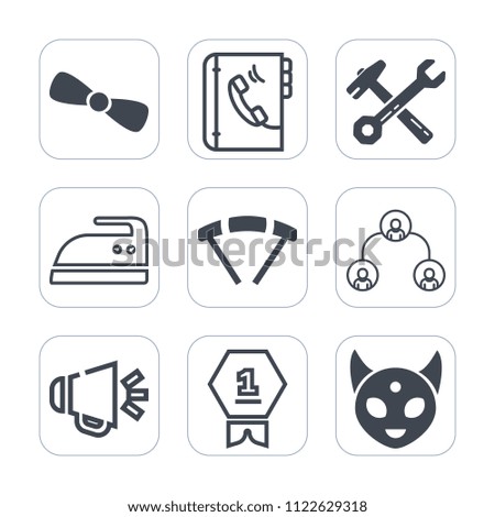 Premium outline, fill icons set on white background . Such as housework, first, achievement, gift, voice, people, fiction, element, book, alien, winner, extreme, loudspeaker, hammer, speaker, sky, ufo