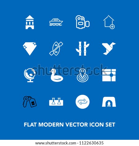 Modern, simple vector icon set on blue background with key, substitute, science, center, cycle, house, concept, location, christmas, camera, world, nature, replacement, video, present, boat, sky icons