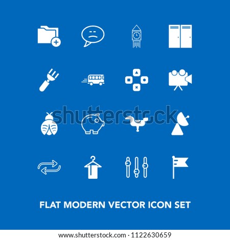 Modern, simple vector icon set on blue background with bug, london, hanger, fly, file, economy, kid, money, document, radio, america, business, data, clothing, concept, child, replace, clock icons