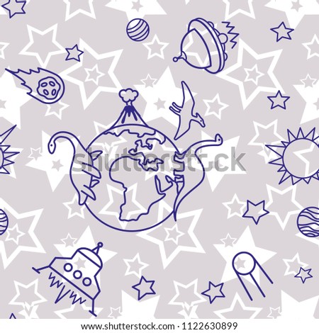 Space,  star,  spaceship,  unidentified flying object,  pattern. Background texture, Vector illustration. Children's drawing in pencil.