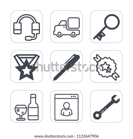 Premium outline, fill icons set on white background . Such as office, white, van, technology, ribbon, truck, red, transport, alcohol, spanner, lorry, medal, center, sign, traffic, transportation, key