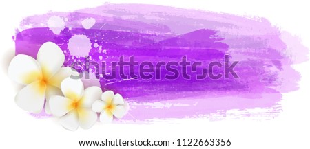Background with abstract watercolor brushed lines and tropical plumeria flowers. Summer travel concept background. 