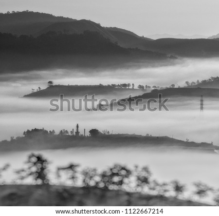 Black and white landscape and the bokeh  Da lat city in fog