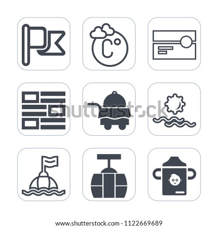 Premium outline, fill icons set on white background . Such as flag, nutrition, plastic, bottle, train, nation, audio, water, banner, fahrenheit, bed, usa, service, red, thermometer, sun, degree, room