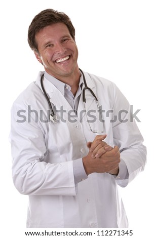 caucasian doctor is smiling on white isolated background