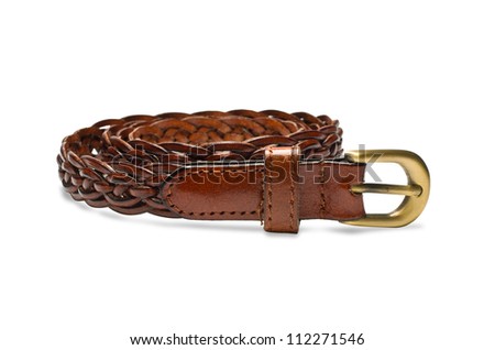 The beautiful brown leather belt on a white background.
